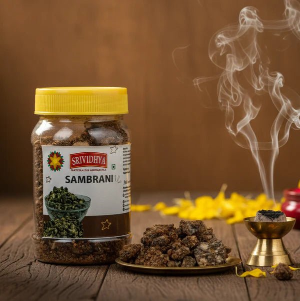 SRIVIDHYA Sambrani 100g natural incense resin for pooja, meditation, temple rituals, and traditional home fragrance.