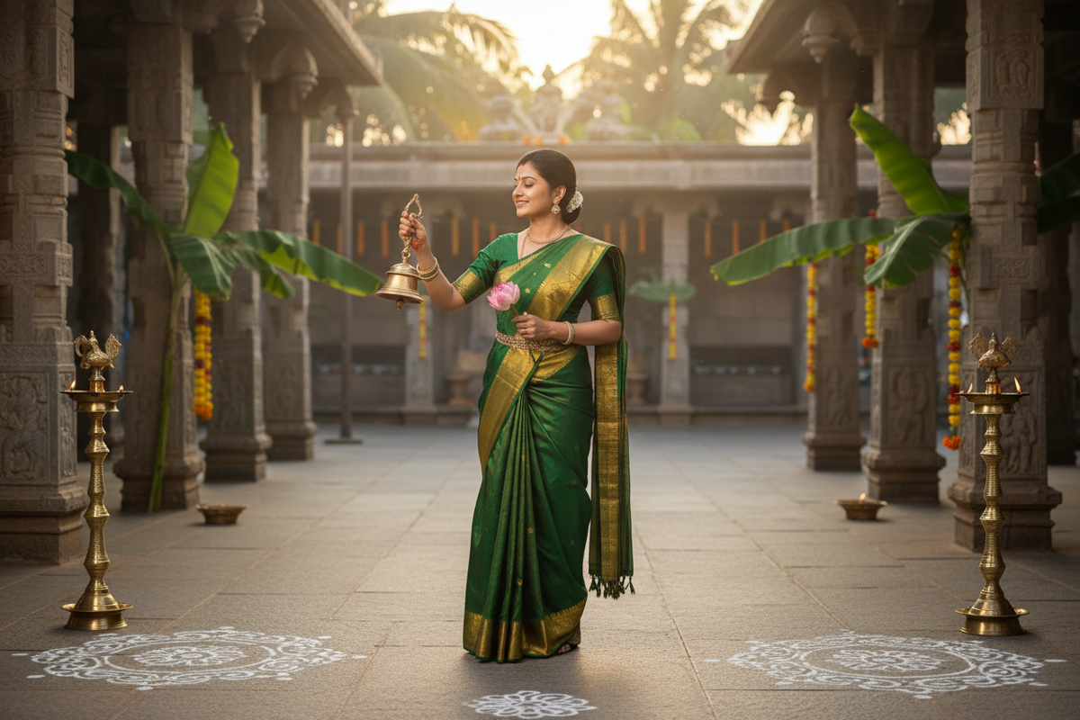 Tamil woman at temple courtyard at sunrise